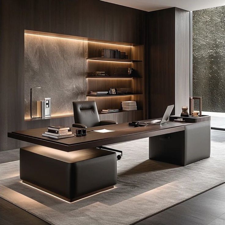 Modern office with large wooden desk, leather chair, and illuminated shelves with books and decor.