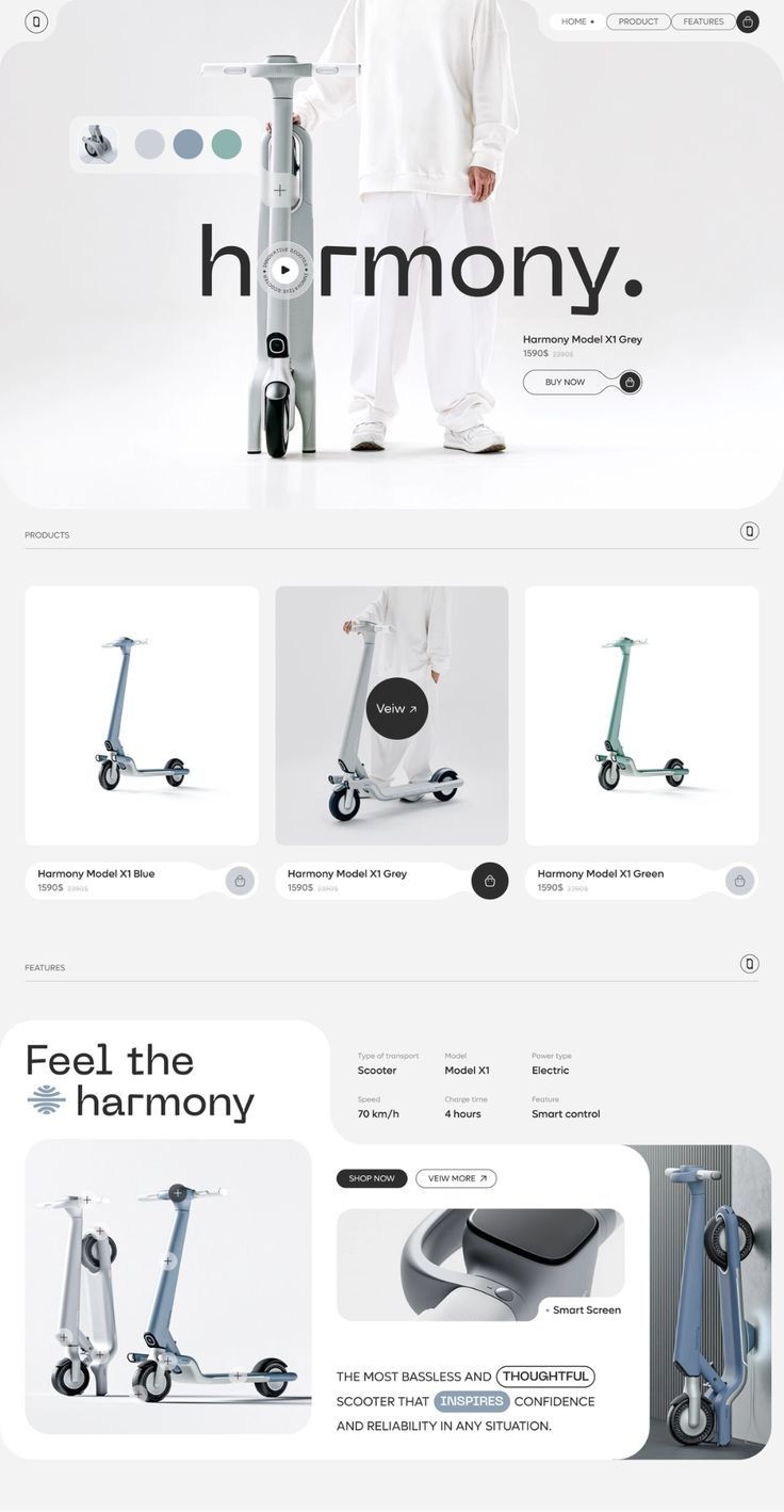 Promotional image for Harmony Model X1 electric scooter in grey, showcasing sleek design and features.
