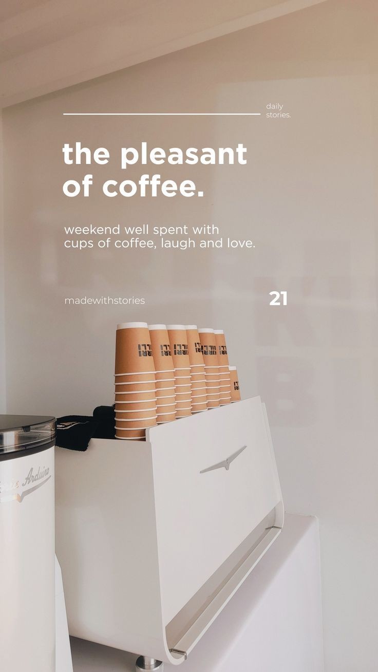 Stack of coffee cups on a counter with text about enjoying coffee and weekends.