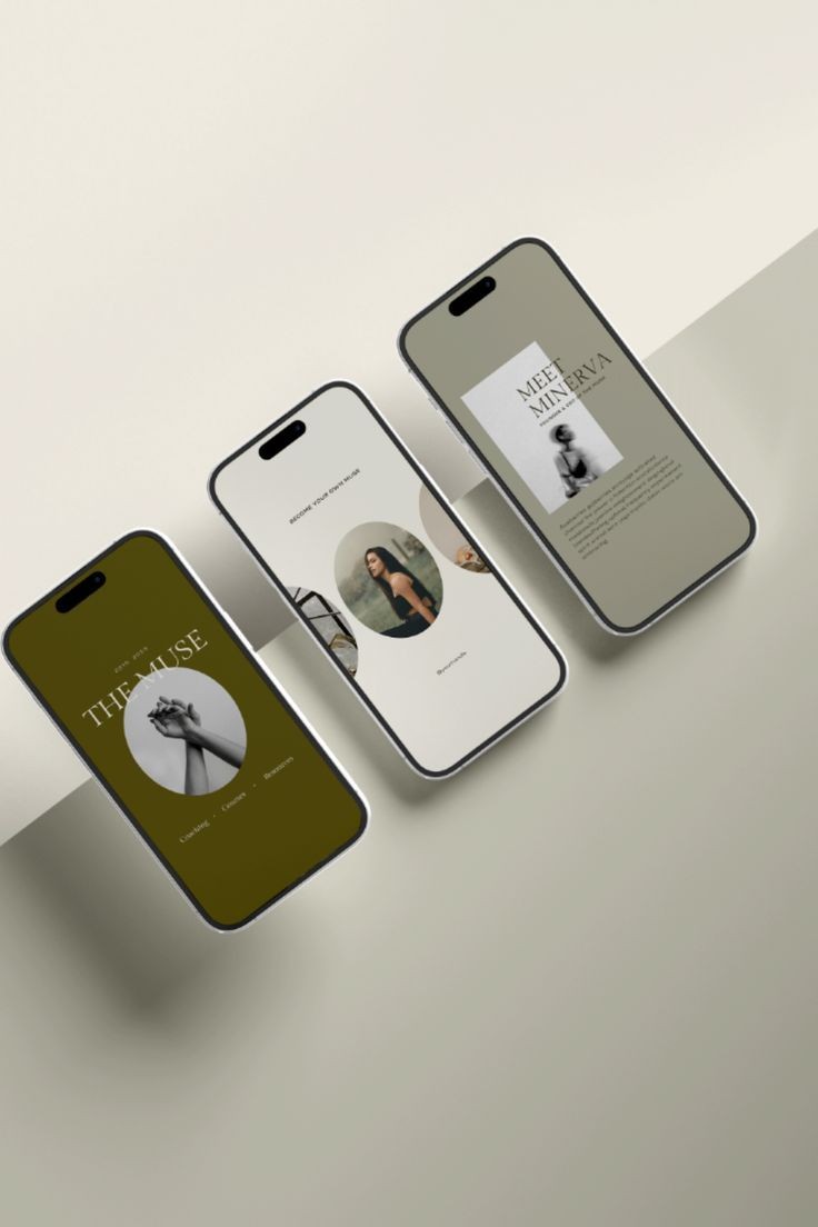 Three smartphones displaying minimalist artist-themed screens on a light background.