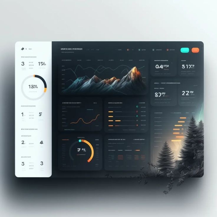 Data dashboard with graphs, charts, and a night mountain illustration with trees.