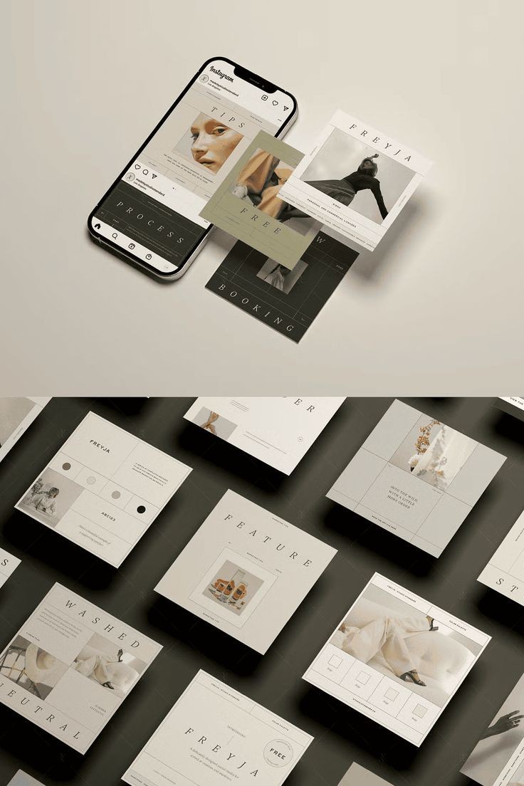 Smartphone displaying Instagram interface with various minimalistic design prints scattered on a beige surface.