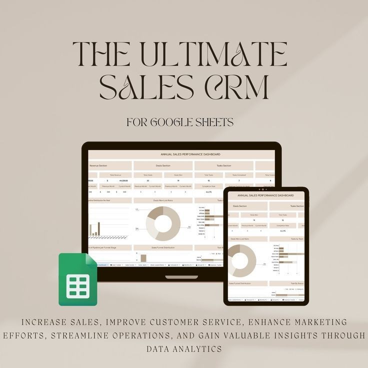 The Ultimate Sales CRM for Google Sheets displayed on tablet and laptop, with charts and analytics.