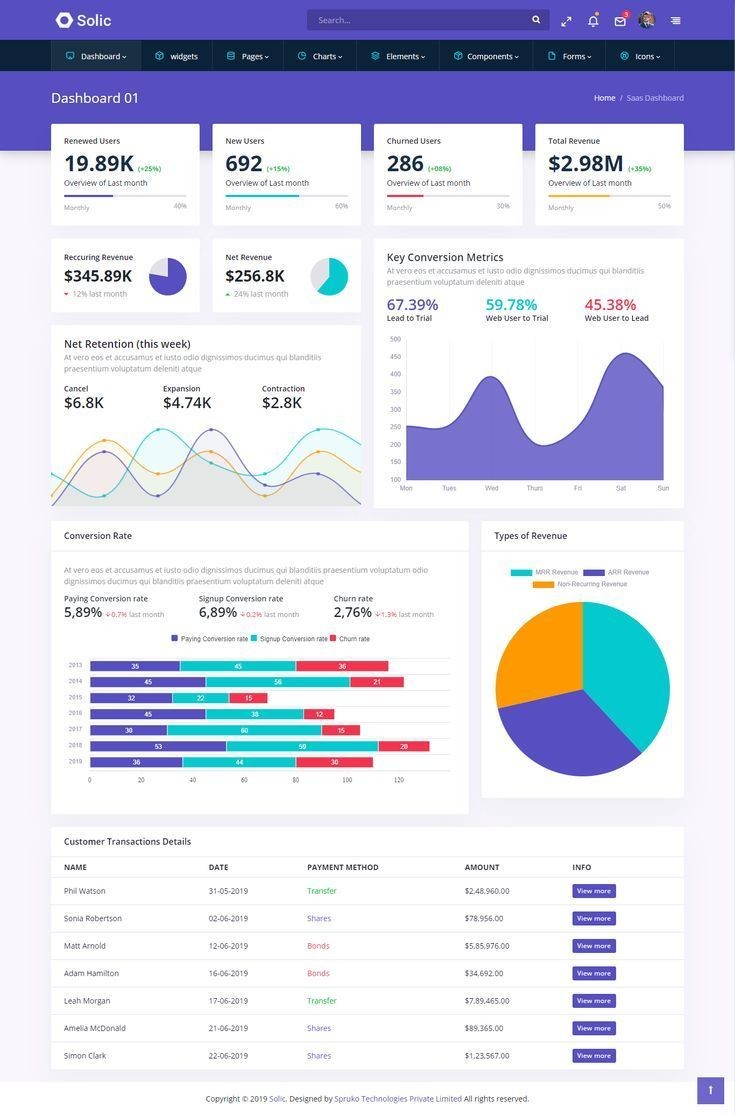 Dashboard displaying user statistics, revenue charts, conversion metrics, and transaction details.